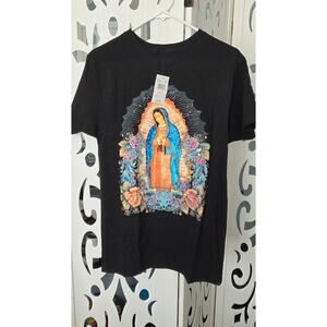 Virgin Mary Guadalupe Graphic T Shirt Black Floral Religious Tee Small NWT
